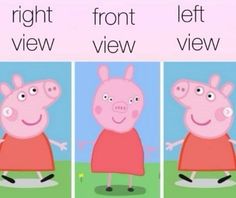 peppa pig is standing in front of three different pictures