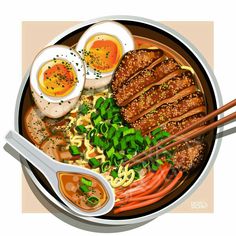 a bowl filled with noodles, meats and veggies next to chopsticks