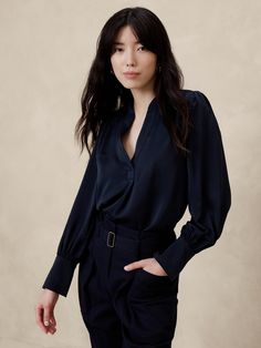 Crepe Volume-Sleeve Blouse | Banana Republic Factory Silk Camisole, Banana Republic Women, Banana Republic Factory, Band Collar, Tailored Shirts, Crepe Fabric, Hip Length, Women's Tops, Black Satin