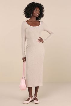 The flirty vibes that radiate from the Lulus Certainly Darling Heather Beige Ribbed Long Sleeve Midi Dress will make it the perfect pick for meeting up with your crush! Stay cute and comfortable all day long with this stretchy ribbed knit dress that features a heathered effect, long sleeves, and a scoop neckline trimmed with scalloped lace and a dainty rosette detail at the center. The bodycon silhouette will effortlessly effortlessly flaunt your figure as it falls a chic midi hem with a conveni Kick Pleat, Ribbed Knit Dress, Your Crush, Long Sleeve Midi, Scalloped Lace, Long Sleeve Midi Dress, Large Size Dresses, Scoop Neckline, Day Dresses