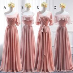 four different styles of pink bridesmaid dresses on mannequins