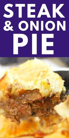 steak and onion pie on a spoon with text overlay