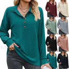 Lasaky - Button-Up Loose Long Sleeve Sweatshirt Jacket in Solid Color with Collar Long Sleeve Tops With Buttons For Fall, Solid Color Button-up Winter Top, Solid Color Winter Button-up Top, Winter Long Sleeve Top With Button Closure, Long Sleeve Tops With Button Closure For Winter, Long Sleeve Button Top For Winter, Buttoned Tops For Winter, Green Long Sleeve Tops With Buttons, Long Sleeve Sweatshirt With Buttons For Winter