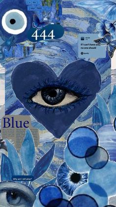 an artistic collage with blue flowers and eyes