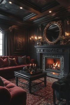 a living room filled with furniture and a fire place in the middle of the room