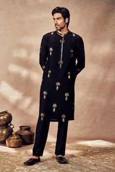 Black jacquard silk kurta with embroidery details. - Aza Fashions Kurta For Men, Kurta Patterns, Kurta Men, Silk Kurta, Black Thread, Band Collar, Green Silk, Embroidery Details, Embroidered Silk