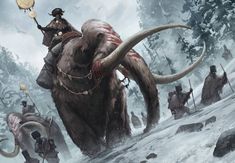 an artist's depiction of a man riding on the back of a mammoth