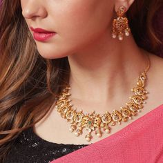 Buy Tulshi Necklace Set | Indian Necklace Set Online - Tarinika Western Gold Necklace Designs, Short Necklace Designs Gold, Gold Short Necklace Designs, Antique Necklace Set, Gold Necklace Indian, Necklace Set Indian, Gold Jewelry Simple Necklace, Gold Necklace Indian Bridal Jewelry, Indian Jewelry Sets