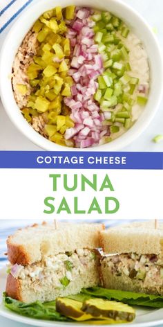 the tuna salad is cut in half and ready to be eaten