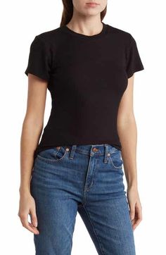 Madewell Vintage Crewneck Cotton T-Shirt | Nordstromrack Build Your Outfit, T Shirt Cut, Black Short Sleeve Shirt, Ribbed Shorts, Vintage Crewneck, Cut Tshirt, Shirt And Pants, Cut Shirts, Capsule Wardrobe