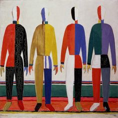 three men standing next to each other in front of a painting