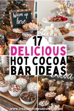 a mouth-watering hot cocoa bar with delicious toppings and creative recipes for your next party. Hot Chocolate For Large Group, Hot Cocoa Bar Alcohol, Christmas Hot Beverage Bar, Rustic Hot Chocolate Bar Ideas, Elegant Hot Chocolate Bar, Hot Chocolate Bar Wedding Reception, Hot Chocolate Bar Alcohol, Hot Cocoa Bar Containers, Fancy Hot Chocolate Bar