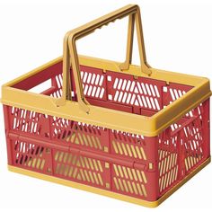 a red and yellow plastic basket with handles