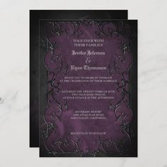 an elegant purple and black wedding card