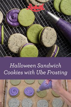 halloween sandwich cookies with ube frosting on a cooling rack and purple icing