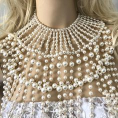 Stunning pearl collar necklace bib bridal body jewelry wedding | Etsy White Bohemian Pearl Necklace For Party, White Bib Necklace For Wedding, Bohemian White Pearl Necklace For Party, Elegant White Bib Necklace Choker, White Bib Necklaces For Wedding, White Pearl Chain Backdrop Necklace For Party, Party White Backdrop Necklace With Pearl Chain, Party Backdrop Necklace With White Pearl Chain, Elegant Beaded Bib Necklace For Wedding