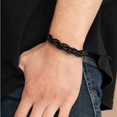 Knotted Strands Of Black Cording And Black Leather Laces Weave Across The Wrist, Creating A Rugged Braid. Features An Adjustable Sliding Knot Closure. Sold As One Individual Bracelet. Black Braided Bracelets For Everyday, Everyday Black Braided Leather Bracelet, Everyday Black Braided Bracelets, Edgy Adjustable Black Wristband, Casual Braided Bracelet Jewelry, Edgy Black Adjustable Wristband, Trendy Black Leather Bracelet, Casual Black Jewelry With Adjustable Length, Casual Braided Bracelet