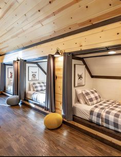 Bunk Room Ideas, Bunk Bed Rooms, Cabin Loft, Attic Bedroom Designs, Bunk Beds Built In, Built In Bunks, Bunk Rooms, Cozy Basement, A Frame House Plans