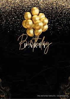 a black and gold birthday card with balloons in the shape of a bunch of golden balloons