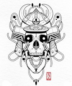 a drawing of a skull wearing a helmet with skulls on it's head and eyes