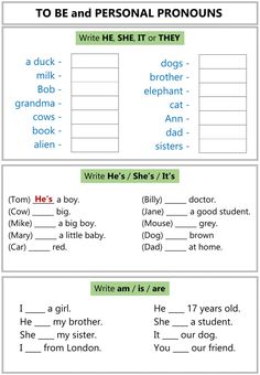 worksheet to be and personal pronouns for kids with pictures on it