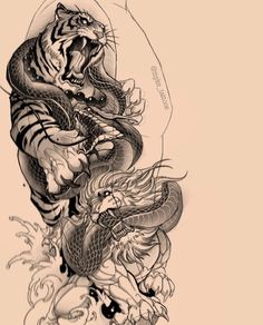 a drawing of a tiger attacking a dragon