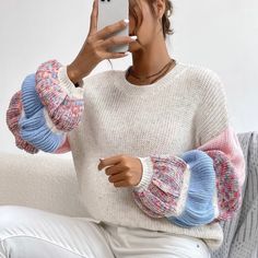 Stunning Puff Sleeve Sweater Drop Shoulder Style Beautiful Mixed Colds Of Pink, Blue And Cream Soft And Comfortable Charcoal Sweater, Oversized Striped Sweater, Puff Sleeve Sweater, Asymmetrical Sweater, Rainbow Sweater, Long Sleeve Pullover Sweater, Boatneck Sweater, Color Block Sweater, Lantern Sleeve