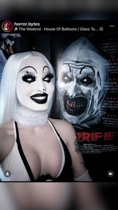 Goth Characters Costume, Terrifier Makeup Look, Costume Ideas Women Black Hair, Halloween Costumes Body Painting, Women Halloween Costume Scary, Terrifier Inspired Makeup, Unique Horror Costumes