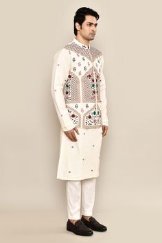 Ivory bundi with thread, sequin embroidery in mughal floral pattern. Paired with floral embroidered kurta and pant pyjama. - Aza Fashions Raw Silk Embroidery, Sequin Embroidery, Sequins Embroidery, Silk Embroidery, Kurta Set, Chandigarh, Raw Silk, Embroidery Thread, Aza Fashion