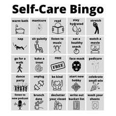 the self care bingo game is shown in black and white