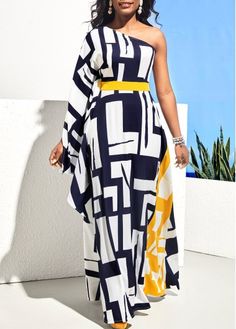 Size:M;Size:L;Size:XL;Size:XXL;Size:S;Color:Navy Blue;Color Scheme:Blue;Decoration:Skew Neck;Occasion:Sport;Silhouette:High waist;Sleeve&apos;s Length:Long Sleeve;Dress Length:Maxi;Pattern Type:Geometric;Neckline:Skew neck;Package Contents:1 X Dress;Season:Spring;Washing Instructions:Hand Wash /Machine Washable;Composition:95%Polyester , 5%Spandex; Dress Swimwear, Navy Blue Maxi Dress, One Shoulder Maxi Dress, Color Block Maxi Dress, Blue Maxi Dress, Fashion Dresses Online, Dresses Trendy, Trendy Fashion Outfits, Blue Maxi