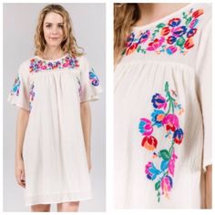 This The Perfect, Casual Dress. It Has Beautiful Floral Embroidery And Has A Light And Airy Feel. Wear It With Leggings And Boots Or By Itself With Some Cute Sandals. Material: 100% Cotton Feminine Floral Embroidered Short Sleeve Dress, Pink Short Sleeve Embroidered Dress For Spring, Pink Embroidered Floral Applique Dress For Summer, Pink Summer Embroidered Dress With Floral Applique, Spring Feminine Embroidered Dress, Feminine Spring Embroidered Dress, Pink Embroidered Summer Dress With Short Sleeves, Spring Multicolor Embroidered Dress With Floral Applique, Pink Embroidered Short Sleeve Summer Dress