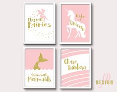 four pink and silver nursery wall art prints featuring unicorns, mermaid tails, and under the sea