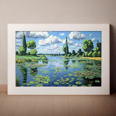 a painting of water lilies and trees on the side of a wall with a wooden floor