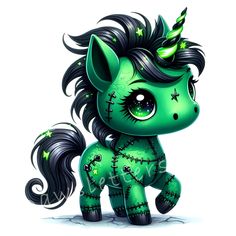 a green pony with black hair and stars on it's head, sitting down