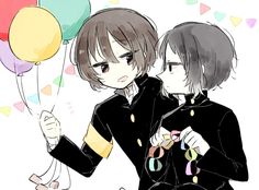 two anime characters holding balloons and confetti