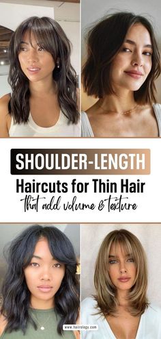 Looking for the best shoulder-length haircuts for thin hair that add volume and texture? My blog post covers it all! Discover if shoulder-length hair is good for thin hair and explore the best haircuts like long layered bob, textured bob, blunt cut with bangs, asymmetrical cut, shaggy bob, and more. Get inspired with styles that enhance your thin hair's fullness and body. Ready to get a fresh new haircut? Head to the blog now to find the perfect shoulder-length haircut for thin hair! Haircut Asian Women Medium, Fine Hair Shoulder Length Haircut, Short Hair With Long Bangs And Layers, Thinning Hair Cuts For Women Medium, Thinning Hair Cuts For Women, Mid Length Thinning Hair Styles, Medium Cut For Thinning Hair, Just Below Shoulder Length Hair Haircuts, Long Bob For Thinning Hair