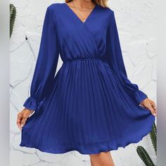 Bbx Lephsnt Womens Wrap V Neck Dresses For Wedding Guest Casual Size M Blue V-neck Solid Color Dress, Light Blue Pleated V-neck Dress, Blue Pleated Dress For Wedding, Blue Flowy Elegant Mini Dress, Blue V-neck Pleated Mini Dress, Elegant Blue Flowy Mini Dress, Formal Pleated Blue Mini Dress, Formal Blue Pleated Mini Dress, Blue Long Sleeve Pleated Dress