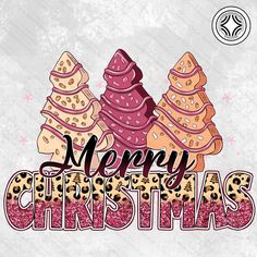 three christmas trees with the words merry christmas written in red and pink on a white background