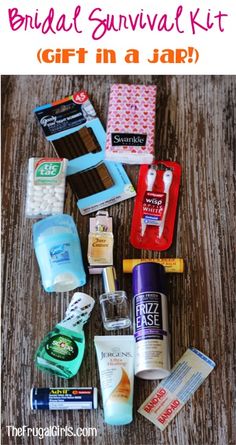 the bridal survival kit gift in a jar is laid out on a wooden table