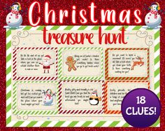 the christmas treasure hunt is shown in red and green