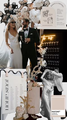 a collage of wedding photos with the bride and groom in black, white and gold