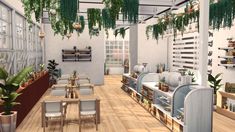 an artist's rendering of a restaurant with potted plants hanging from the ceiling