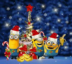 three minion characters are standing in front of a christmas tree