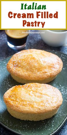 two biscuits sitting on top of a black plate