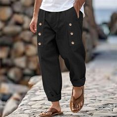 Season:Spring  Summer; Fabric:Linen Cotton Blend; Gender:Men's; Style:Basic,Fashion; Occasion:Holiday,Daily,Casual; Fit Type:Loose Fit; Function:Breathable,Comfort; Waistline:Mid Waist; Pattern:Plain; Design:Button,Front Pocket,Pleats,Straight Leg; Brand:OUKU; Pants Type:Trousers,Linen Pants,Summer Pants; Fly Type:Button; Front page:FF; Listing Date:08/22/2024; Pants Length:Full Length Casual Beach Bottoms With Buttons, Casual Bottoms With Button Closure For Vacation, Casual Vacation Bottoms With Button Closure, Cotton Bottoms With Buttons For Vacation, Wide Leg Beach Bottoms With Buttons, Casual Ankle-length Pants With Buttons, Black Summer Pants With Button Closure, Trousers Linen, Sleeve Shawl