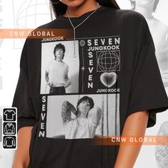 a woman wearing a black t - shirt with pictures on it