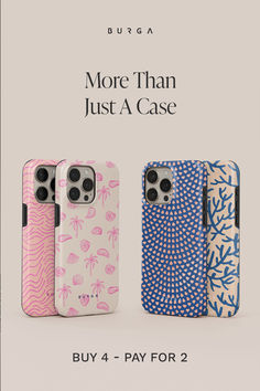 three cell phones with different patterns on them, one is pink and the other is blue