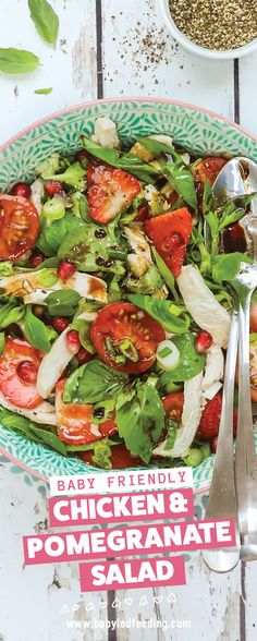 a plate with chicken and pomegranate salad next to a bowl of seasoning