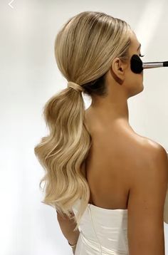 Glam Wedding Ponytail, Slick Ponytail For Wedding, Slicked Back Wedding Ponytail, Hollywood Wave Low Ponytail, Formal Hairstyles Low Ponytail, Pageant Hairstyles For Medium Length Hair, Hollywood Ponytail Wedding, Long Curled Ponytail Wedding, Long Curly Ponytail Wedding